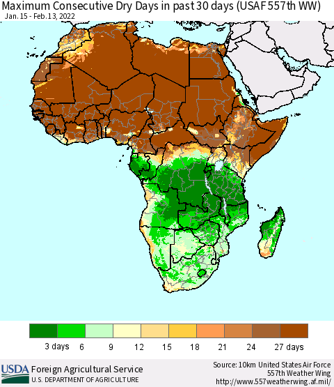 Africa Maximum Consecutive Dry Days in past 30 days (USAF 557th WW) 02/13/2022 Thematic Map For 2/7/2022 - 2/13/2022