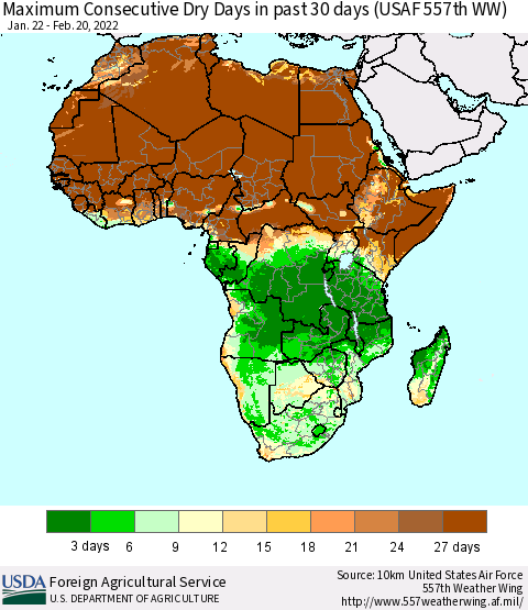 Africa Maximum Consecutive Dry Days in past 30 days (USAF 557th WW) 02/20/2022 Thematic Map For 2/14/2022 - 2/20/2022
