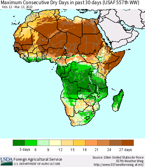 Africa Maximum Consecutive Dry Days in past 30 days (USAF 557th WW) 03/13/2022 Thematic Map For 3/7/2022 - 3/13/2022
