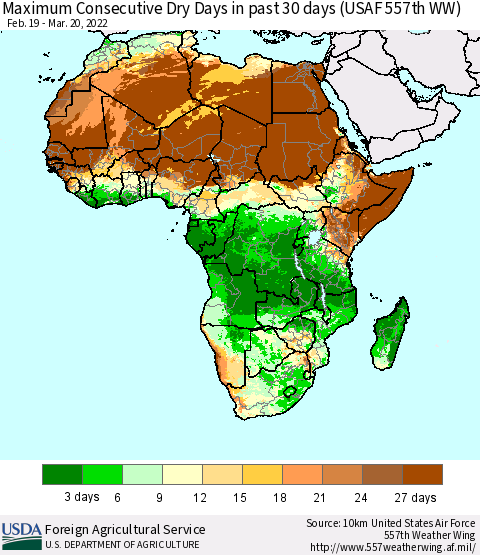Africa Maximum Consecutive Dry Days in past 30 days (USAF 557th WW) 03/20/2022 Thematic Map For 3/14/2022 - 3/20/2022