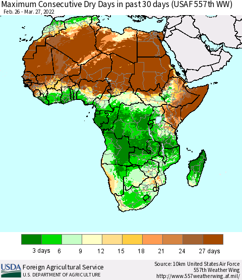 Africa Maximum Consecutive Dry Days in past 30 days (USAF 557th WW) 03/27/2022 Thematic Map For 3/21/2022 - 3/27/2022