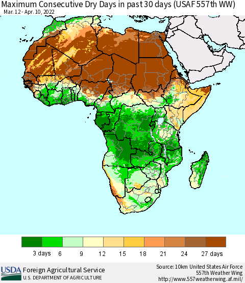 Africa Maximum Consecutive Dry Days in past 30 days (USAF 557th WW) 04/10/2022 Thematic Map For 4/4/2022 - 4/10/2022