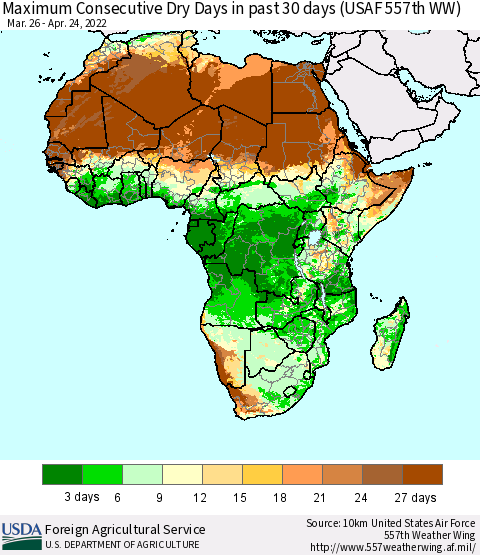 Africa Maximum Consecutive Dry Days in past 30 days (USAF 557th WW) 04/24/2022 Thematic Map For 4/18/2022 - 4/24/2022