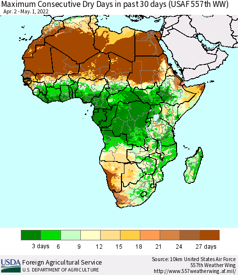 Africa Maximum Consecutive Dry Days in past 30 days (USAF 557th WW) 05/01/2022 Thematic Map For 4/25/2022 - 5/1/2022