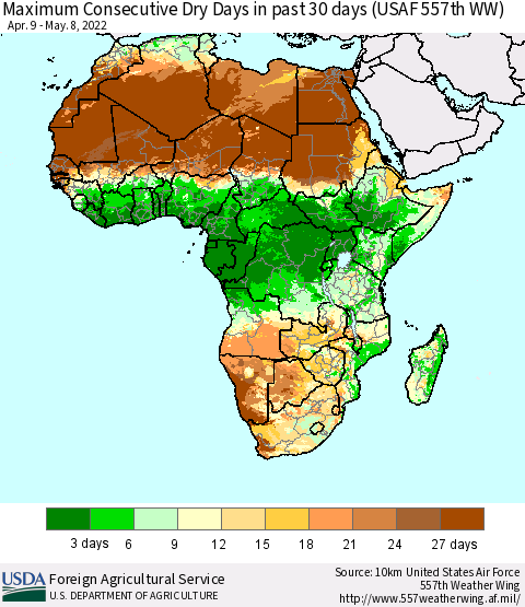 Africa Maximum Consecutive Dry Days in past 30 days (USAF 557th WW) 05/08/2022 Thematic Map For 5/2/2022 - 5/8/2022