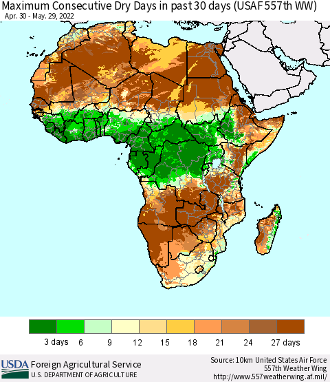 Africa Maximum Consecutive Dry Days in past 30 days (USAF 557th WW) 05/29/2022 Thematic Map For 5/23/2022 - 5/29/2022