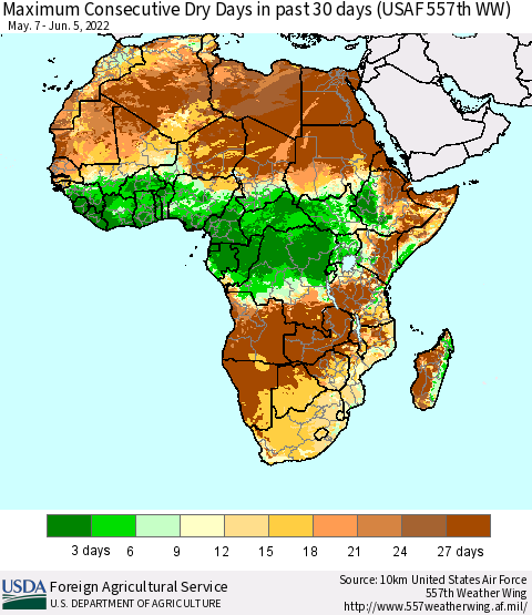 Africa Maximum Consecutive Dry Days in past 30 days (USAF 557th WW) 06/05/2022 Thematic Map For 5/30/2022 - 6/5/2022