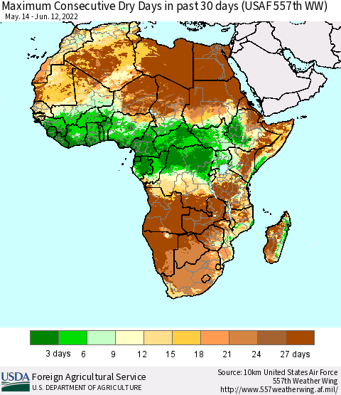 Africa Maximum Consecutive Dry Days in past 30 days (USAF 557th WW) 06/12/2022 Thematic Map For 6/6/2022 - 6/12/2022