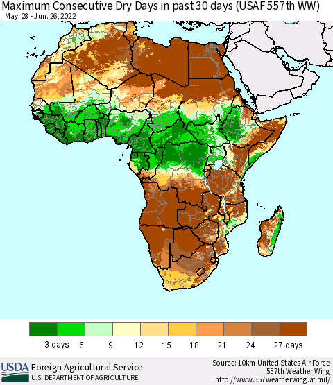 Africa Maximum Consecutive Dry Days in past 30 days (USAF 557th WW) 06/26/2022 Thematic Map For 6/20/2022 - 6/26/2022