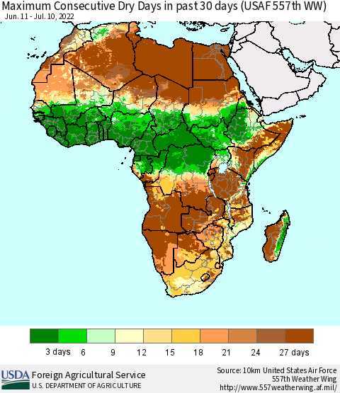 Africa Maximum Consecutive Dry Days in past 30 days (USAF 557th WW) 07/10/2022 Thematic Map For 7/4/2022 - 7/10/2022