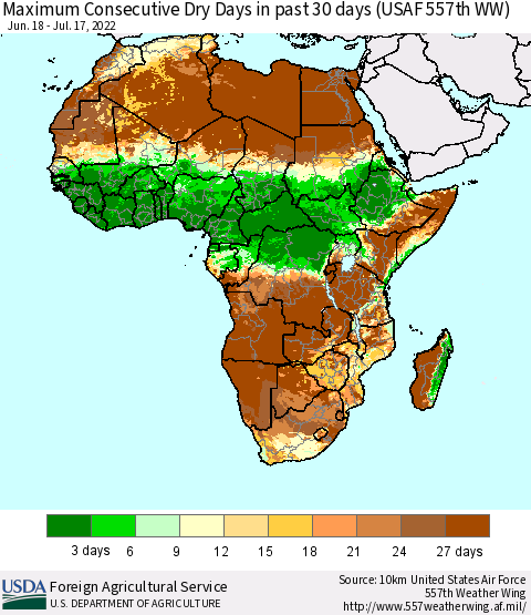 Africa Maximum Consecutive Dry Days in past 30 days (USAF 557th WW) 07/17/2022 Thematic Map For 7/11/2022 - 7/17/2022