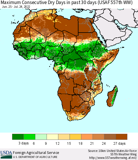 Africa Maximum Consecutive Dry Days in past 30 days (USAF 557th WW) 07/24/2022 Thematic Map For 7/18/2022 - 7/24/2022