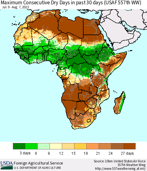 Africa Maximum Consecutive Dry Days in past 30 days (USAF 557th WW) 08/07/2022 Thematic Map For 8/1/2022 - 8/7/2022
