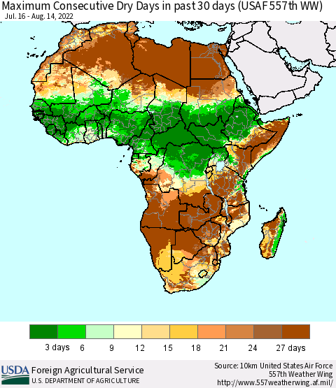 Africa Maximum Consecutive Dry Days in past 30 days (USAF 557th WW) 08/14/2022 Thematic Map For 8/8/2022 - 8/14/2022