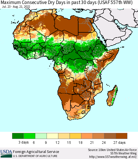 Africa Maximum Consecutive Dry Days in past 30 days (USAF 557th WW) 08/21/2022 Thematic Map For 8/15/2022 - 8/21/2022