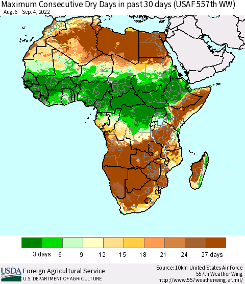 Africa Maximum Consecutive Dry Days in past 30 days (USAF 557th WW) 09/04/2022 Thematic Map For 8/29/2022 - 9/4/2022