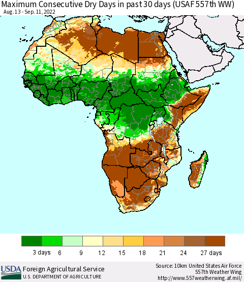 Africa Maximum Consecutive Dry Days in past 30 days (USAF 557th WW) 09/11/2022 Thematic Map For 9/5/2022 - 9/11/2022