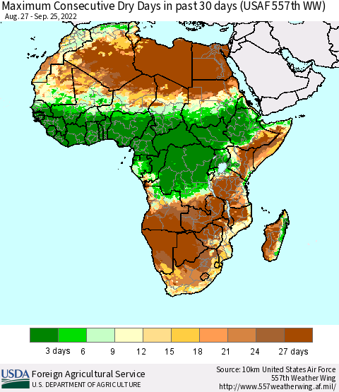 Africa Maximum Consecutive Dry Days in past 30 days (USAF 557th WW) 09/25/2022 Thematic Map For 9/19/2022 - 9/25/2022