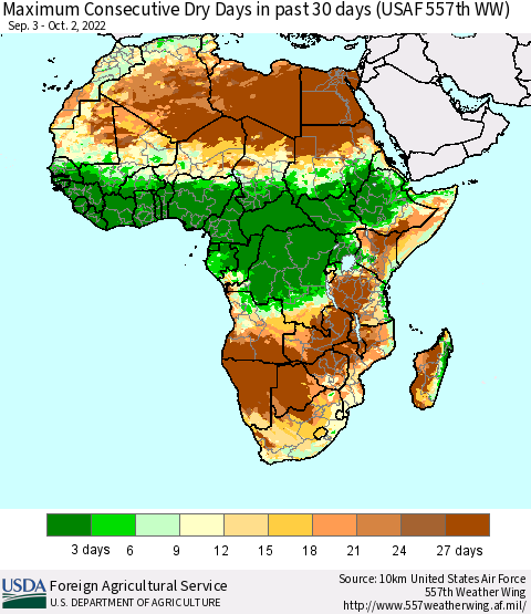 Africa Maximum Consecutive Dry Days in past 30 days (USAF 557th WW) 10/02/2022 Thematic Map For 9/26/2022 - 10/2/2022