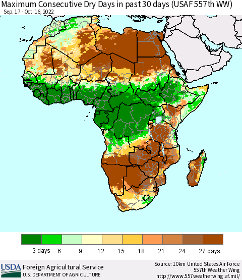 Africa Maximum Consecutive Dry Days in past 30 days (USAF 557th WW) 10/16/2022 Thematic Map For 10/10/2022 - 10/16/2022