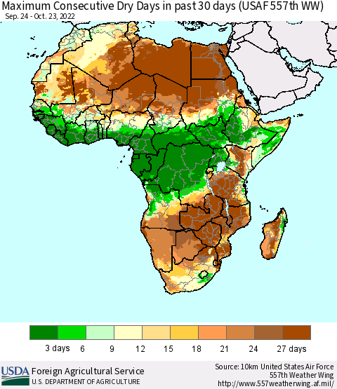 Africa Maximum Consecutive Dry Days in past 30 days (USAF 557th WW) 10/23/2022 Thematic Map For 10/17/2022 - 10/23/2022