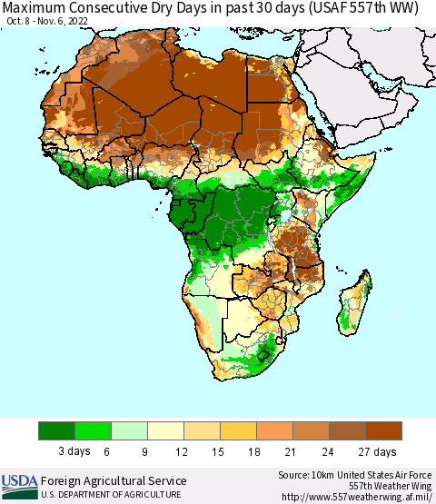 Africa Maximum Consecutive Dry Days in past 30 days (USAF 557th WW) 11/06/2022 Thematic Map For 10/31/2022 - 11/6/2022