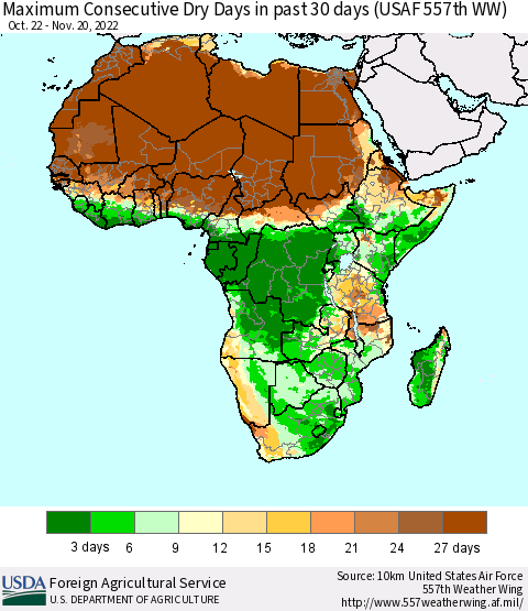 Africa Maximum Consecutive Dry Days in past 30 days (USAF 557th WW) 11/20/2022 Thematic Map For 11/14/2022 - 11/20/2022