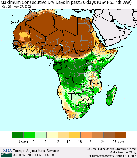 Africa Maximum Consecutive Dry Days in past 30 days (USAF 557th WW) 11/27/2022 Thematic Map For 11/21/2022 - 11/27/2022