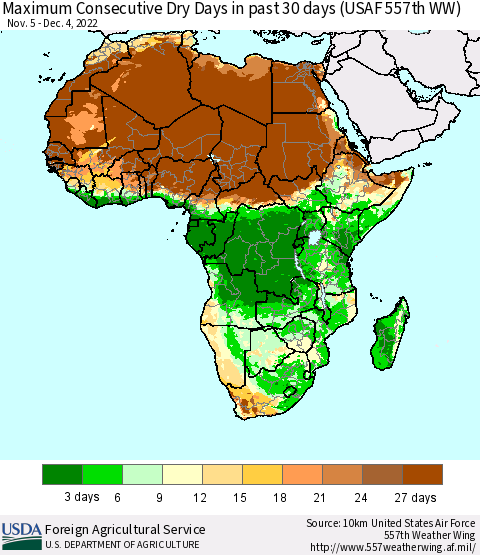 Africa Maximum Consecutive Dry Days in past 30 days (USAF 557th WW) 12/04/2022 Thematic Map For 11/28/2022 - 12/4/2022