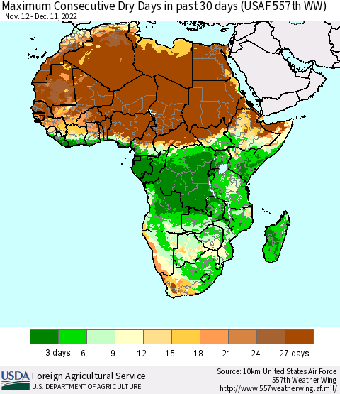 Africa Maximum Consecutive Dry Days in past 30 days (USAF 557th WW) 12/11/2022 Thematic Map For 12/5/2022 - 12/11/2022