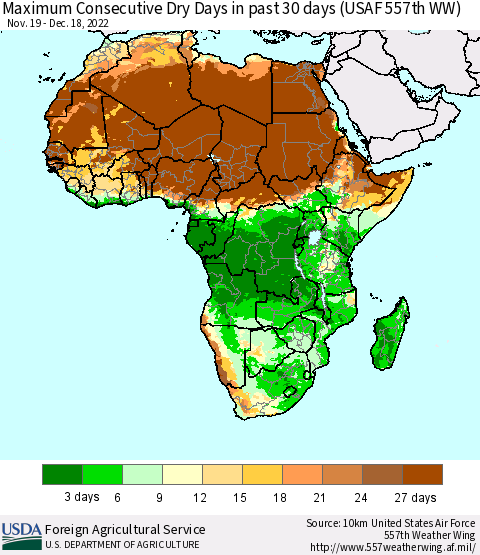 Africa Maximum Consecutive Dry Days in past 30 days (USAF 557th WW) 12/18/2022 Thematic Map For 12/12/2022 - 12/18/2022