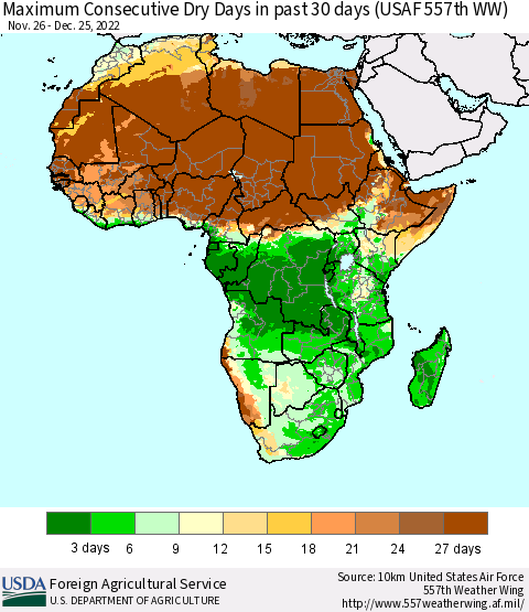 Africa Maximum Consecutive Dry Days in past 30 days (USAF 557th WW) 12/25/2022 Thematic Map For 12/19/2022 - 12/25/2022