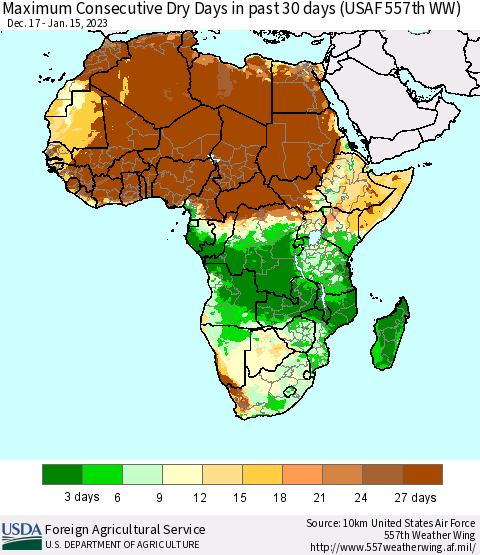 Africa Maximum Consecutive Dry Days in past 30 days (USAF 557th WW) 01/15/2023 Thematic Map For 1/9/2023 - 1/15/2023