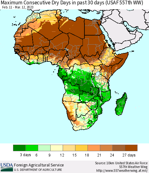 Africa Maximum Consecutive Dry Days in past 30 days (USAF 557th WW) 03/12/2023 Thematic Map For 3/6/2023 - 3/12/2023