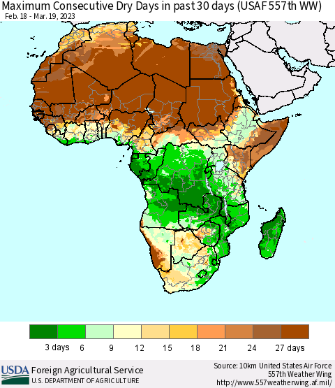Africa Maximum Consecutive Dry Days in past 30 days (USAF 557th WW) 03/19/2023 Thematic Map For 3/13/2023 - 3/19/2023