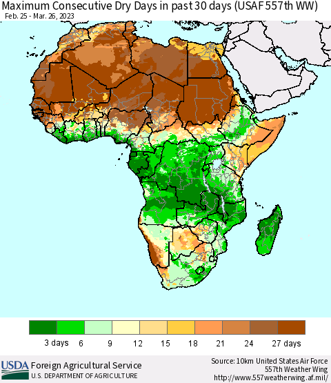 Africa Maximum Consecutive Dry Days in past 30 days (USAF 557th WW) 03/26/2023 Thematic Map For 3/20/2023 - 3/26/2023