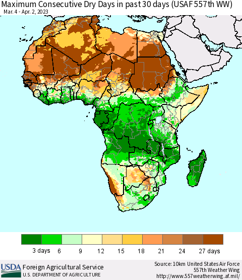 Africa Maximum Consecutive Dry Days in past 30 days (USAF 557th WW) 04/02/2023 Thematic Map For 3/27/2023 - 4/2/2023