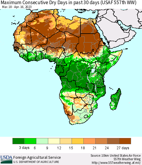 Africa Maximum Consecutive Dry Days in past 30 days (USAF 557th WW) 04/16/2023 Thematic Map For 4/10/2023 - 4/16/2023