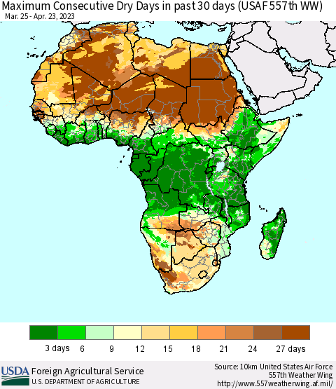 Africa Maximum Consecutive Dry Days in past 30 days (USAF 557th WW) 04/23/2023 Thematic Map For 4/17/2023 - 4/23/2023