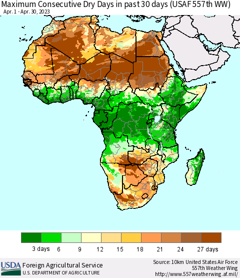 Africa Maximum Consecutive Dry Days in past 30 days (USAF 557th WW) 04/30/2023 Thematic Map For 4/24/2023 - 4/30/2023