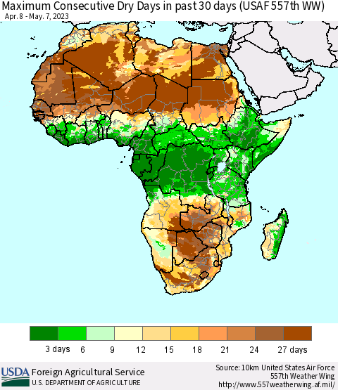 Africa Maximum Consecutive Dry Days in past 30 days (USAF 557th WW) 05/07/2023 Thematic Map For 5/1/2023 - 5/7/2023