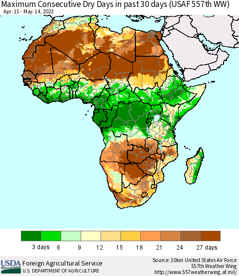 Africa Maximum Consecutive Dry Days in past 30 days (USAF 557th WW) 05/14/2023 Thematic Map For 5/8/2023 - 5/14/2023