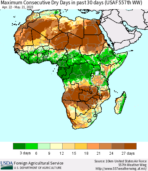 Africa Maximum Consecutive Dry Days in past 30 days (USAF 557th WW) 05/21/2023 Thematic Map For 5/15/2023 - 5/21/2023