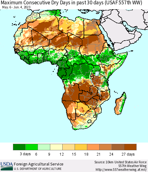 Africa Maximum Consecutive Dry Days in past 30 days (USAF 557th WW) 06/04/2023 Thematic Map For 5/29/2023 - 6/4/2023