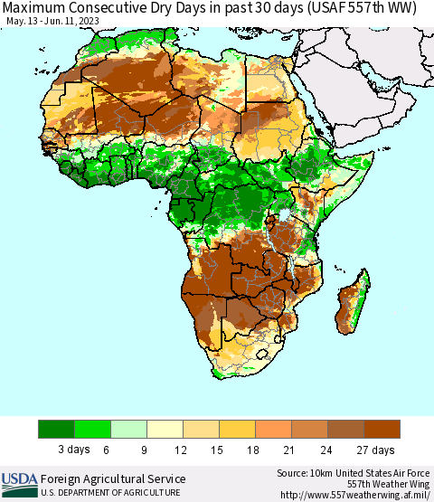 Africa Maximum Consecutive Dry Days in past 30 days (USAF 557th WW) 06/11/2023 Thematic Map For 6/5/2023 - 6/11/2023
