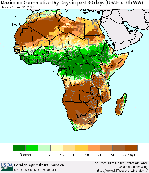 Africa Maximum Consecutive Dry Days in past 30 days (USAF 557th WW) 06/25/2023 Thematic Map For 6/19/2023 - 6/25/2023