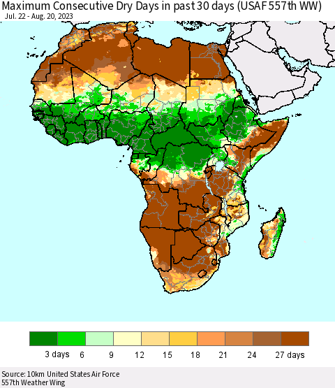 Africa Maximum Consecutive Dry Days in past 30 days (USAF 557th WW) 08/20/2023 Thematic Map For 8/14/2023 - 8/20/2023