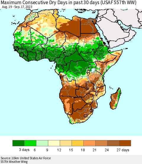 Africa Maximum Consecutive Dry Days in past 30 days (USAF 557th WW) 09/17/2023 Thematic Map For 9/11/2023 - 9/17/2023