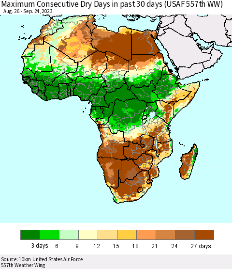 Africa Maximum Consecutive Dry Days in past 30 days (USAF 557th WW) 09/24/2023 Thematic Map For 9/18/2023 - 9/24/2023