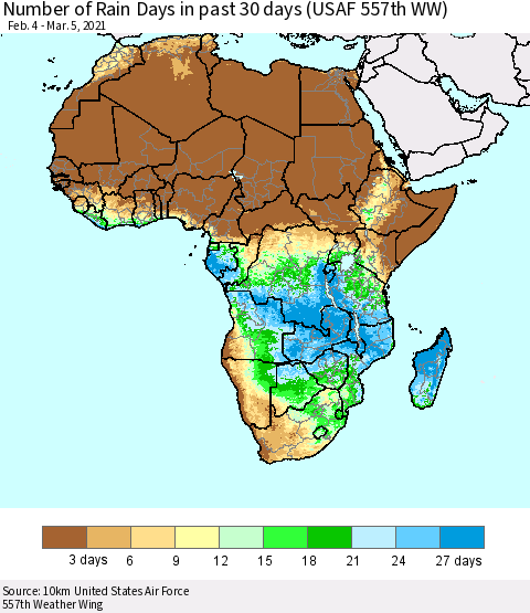 Africa Number of Rain Days in past 30 days (USAF 557th WW) 03/05/2021 Thematic Map For 3/1/2021 - 3/5/2021